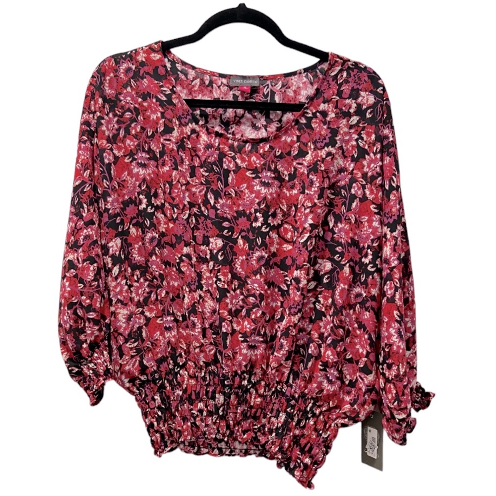 Women's Floral Red Blouse with Smocked Hem